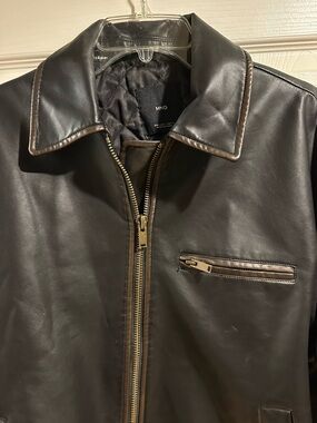 Mango Dark Brown Faux Leather Bomber Jacket with Bronze Zip Detail